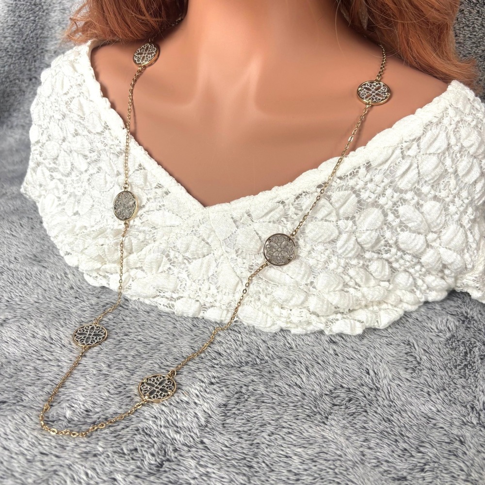 Mixed Metal Long Chain Necklace Medallion Filigree Station Geometric Work 21905